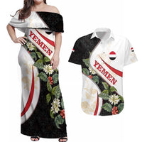 Yemen Couples Matching Off Shoulder Maxi Dress and Hawaiian Shirt with Mocha Coffee Plant Design and National Flag Accents