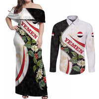 Yemen Couples Matching Off Shoulder Maxi Dress and Long Sleeve Button Shirt with Mocha Coffee Plant Design and National Flag Accents