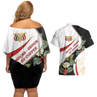 Yemen Couples Matching Off Shoulder Short Dress and Hawaiian Shirt with Mocha Coffee Plant Design and National Flag Accents