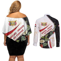Yemen Couples Matching Off Shoulder Short Dress and Long Sleeve Button Shirt with Mocha Coffee Plant Design and National Flag Accents