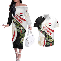 Yemen Couples Matching Off The Shoulder Long Sleeve Dress and Hawaiian Shirt with Mocha Coffee Plant Design and National Flag Accents
