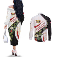 Yemen Couples Matching Off The Shoulder Long Sleeve Dress and Long Sleeve Button Shirt with Mocha Coffee Plant Design and National Flag Accents