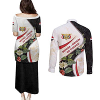 Yemen Couples Matching Puletasi and Long Sleeve Button Shirt with Mocha Coffee Plant Design and National Flag Accents