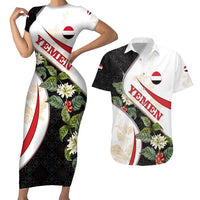 Yemen Couples Matching Short Sleeve Bodycon Dress and Hawaiian Shirt with Mocha Coffee Plant Design and National Flag Accents