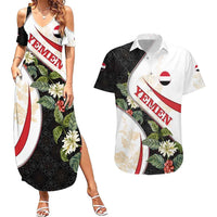 Yemen Couples Matching Summer Maxi Dress and Hawaiian Shirt with Mocha Coffee Plant Design and National Flag Accents