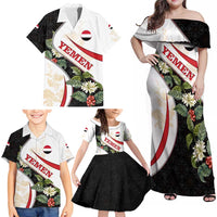 Yemen Family Matching Off Shoulder Maxi Dress and Hawaiian Shirt with Mocha Coffee Plant Design and National Flag Accents