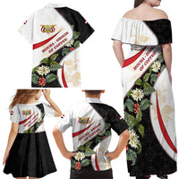 Yemen Family Matching Off Shoulder Maxi Dress and Hawaiian Shirt with Mocha Coffee Plant Design and National Flag Accents