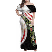 Yemen Family Matching Off Shoulder Maxi Dress and Hawaiian Shirt with Mocha Coffee Plant Design and National Flag Accents