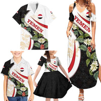Yemen Family Matching Summer Maxi Dress and Hawaiian Shirt with Mocha Coffee Plant Design and National Flag Accents