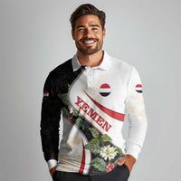 Yemen Long Sleeve Polo Shirt with Mocha Coffee Plant Design and National Flag Accents