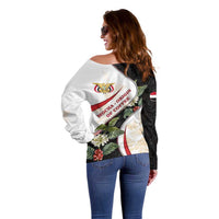 Yemen Off Shoulder Sweater with Mocha Coffee Plant Design and National Flag Accents