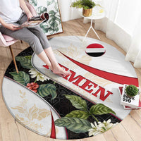 Yemen Round Carpet with Mocha Coffee Plant Design and National Flag Accents