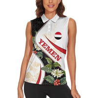 Yemen Women Sleeveless Polo Shirt with Mocha Coffee Plant Design and National Flag Accents