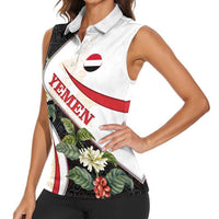 Yemen Women Sleeveless Polo Shirt with Mocha Coffee Plant Design and National Flag Accents