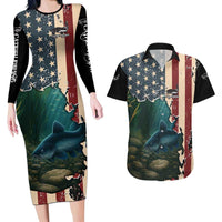 Catfish Fishing Couples Matching Long Sleeve Bodycon Dress and Hawaiian Shirt with Underwater Scene and Distressed American Flag Background - Wonder Print Shop