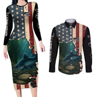 Catfish Fishing Couples Matching Long Sleeve Bodycon Dress and Long Sleeve Button Shirt with Underwater Scene and Distressed American Flag Background - Wonder Print Shop