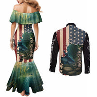 Catfish Fishing Couples Matching Mermaid Dress and Long Sleeve Button Shirt with Underwater Scene and Distressed American Flag Background - Wonder Print Shop