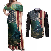 Catfish Fishing Couples Matching Off Shoulder Maxi Dress and Long Sleeve Button Shirt with Underwater Scene and Distressed American Flag Background - Wonder Print Shop