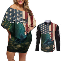 Catfish Fishing Couples Matching Off Shoulder Short Dress and Long Sleeve Button Shirt with Underwater Scene and Distressed American Flag Background - Wonder Print Shop