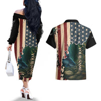Catfish Fishing Couples Matching Off The Shoulder Long Sleeve Dress and Hawaiian Shirt with Underwater Scene and Distressed American Flag Background - Wonder Print Shop