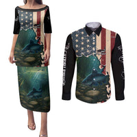 Catfish Fishing Couples Matching Puletasi and Long Sleeve Button Shirt with Underwater Scene and Distressed American Flag Background - Wonder Print Shop