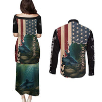 Catfish Fishing Couples Matching Puletasi and Long Sleeve Button Shirt with Underwater Scene and Distressed American Flag Background - Wonder Print Shop