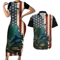 Catfish Fishing Couples Matching Short Sleeve Bodycon Dress and Hawaiian Shirt with Underwater Scene and Distressed American Flag Background - Wonder Print Shop
