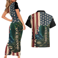 Catfish Fishing Couples Matching Short Sleeve Bodycon Dress and Hawaiian Shirt with Underwater Scene and Distressed American Flag Background - Wonder Print Shop