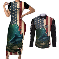 Catfish Fishing Couples Matching Short Sleeve Bodycon Dress and Long Sleeve Button Shirt with Underwater Scene and Distressed American Flag Background - Wonder Print Shop