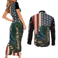 Catfish Fishing Couples Matching Short Sleeve Bodycon Dress and Long Sleeve Button Shirt with Underwater Scene and Distressed American Flag Background - Wonder Print Shop