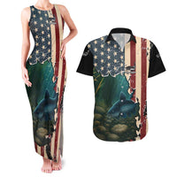 Catfish Fishing Couples Matching Tank Maxi Dress and Hawaiian Shirt with Underwater Scene and Distressed American Flag Background - Wonder Print Shop