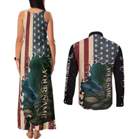 Catfish Fishing Couples Matching Tank Maxi Dress and Long Sleeve Button Shirt with Underwater Scene and Distressed American Flag Background - Wonder Print Shop