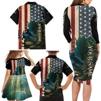 Catfish Fishing Family Matching Long Sleeve Bodycon Dress and Hawaiian Shirt with Underwater Scene and Distressed American Flag Background - Wonder Print Shop
