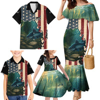Catfish Fishing Family Matching Mermaid Dress and Hawaiian Shirt with Underwater Scene and Distressed American Flag Background - Wonder Print Shop