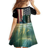 Catfish Fishing Family Matching Off The Shoulder Long Sleeve Dress and Hawaiian Shirt with Underwater Scene and Distressed American Flag Background - Wonder Print Shop