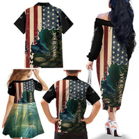 Catfish Fishing Family Matching Off The Shoulder Long Sleeve Dress and Hawaiian Shirt with Underwater Scene and Distressed American Flag Background - Wonder Print Shop