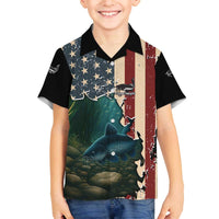 Catfish Fishing Family Matching Off The Shoulder Long Sleeve Dress and Hawaiian Shirt with Underwater Scene and Distressed American Flag Background - Wonder Print Shop