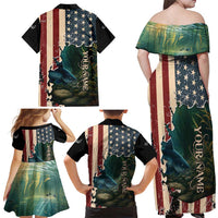 Catfish Fishing Family Matching Off Shoulder Maxi Dress and Hawaiian Shirt with Underwater Scene and Distressed American Flag Background - Wonder Print Shop