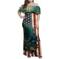 Catfish Fishing Family Matching Off Shoulder Maxi Dress and Hawaiian Shirt with Underwater Scene and Distressed American Flag Background - Wonder Print Shop