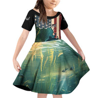 Catfish Fishing Family Matching Off Shoulder Short Dress and Hawaiian Shirt with Underwater Scene and Distressed American Flag Background - Wonder Print Shop