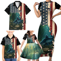 Catfish Fishing Family Matching Short Sleeve Bodycon Dress and Hawaiian Shirt with Underwater Scene and Distressed American Flag Background - Wonder Print Shop