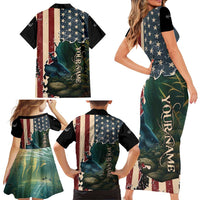 Catfish Fishing Family Matching Short Sleeve Bodycon Dress and Hawaiian Shirt with Underwater Scene and Distressed American Flag Background - Wonder Print Shop
