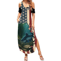 Catfish Fishing Family Matching Summer Maxi Dress and Hawaiian Shirt with Underwater Scene and Distressed American Flag Background - Wonder Print Shop