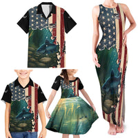 Catfish Fishing Family Matching Tank Maxi Dress and Hawaiian Shirt with Underwater Scene and Distressed American Flag Background - Wonder Print Shop