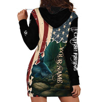 Catfish Fishing Hoodie Dress with Underwater Scene and Distressed American Flag Background - Wonder Print Shop