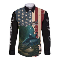 Catfish Fishing Long Sleeve Button Shirt with Underwater Scene and Distressed American Flag Background - Wonder Print Shop
