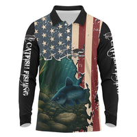 Catfish Fishing Long Sleeve Polo Shirt with Underwater Scene and Distressed American Flag Background - Wonder Print Shop