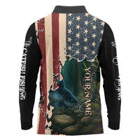 Catfish Fishing Long Sleeve Polo Shirt with Underwater Scene and Distressed American Flag Background - Wonder Print Shop