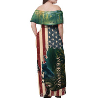 Catfish Fishing Off Shoulder Maxi Dress with Underwater Scene and Distressed American Flag Background - Wonder Print Shop