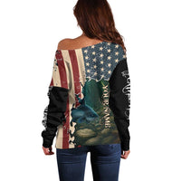 Catfish Fishing Off Shoulder Sweater with Underwater Scene and Distressed American Flag Background - Wonder Print Shop